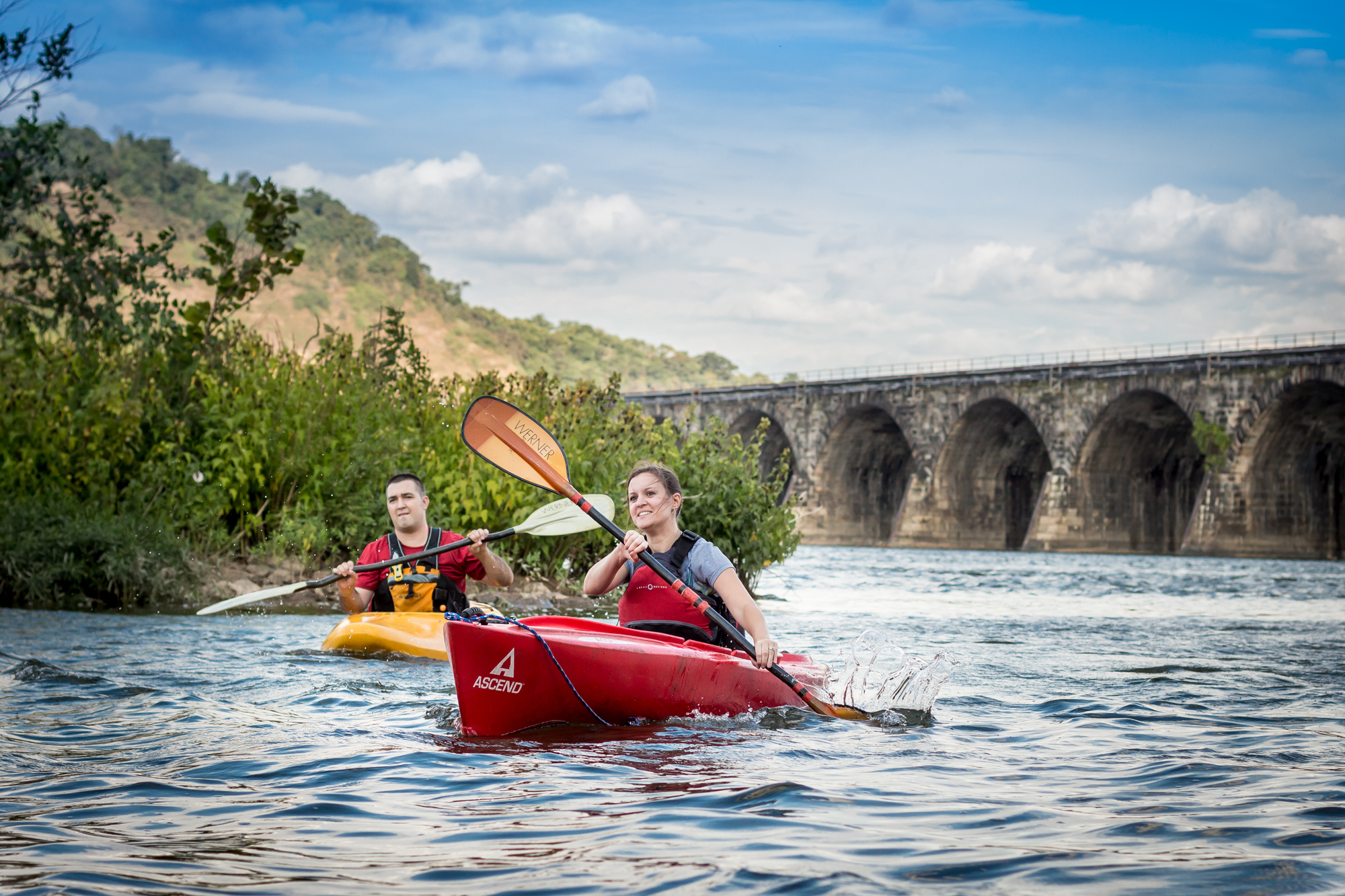 couple kayaking on river